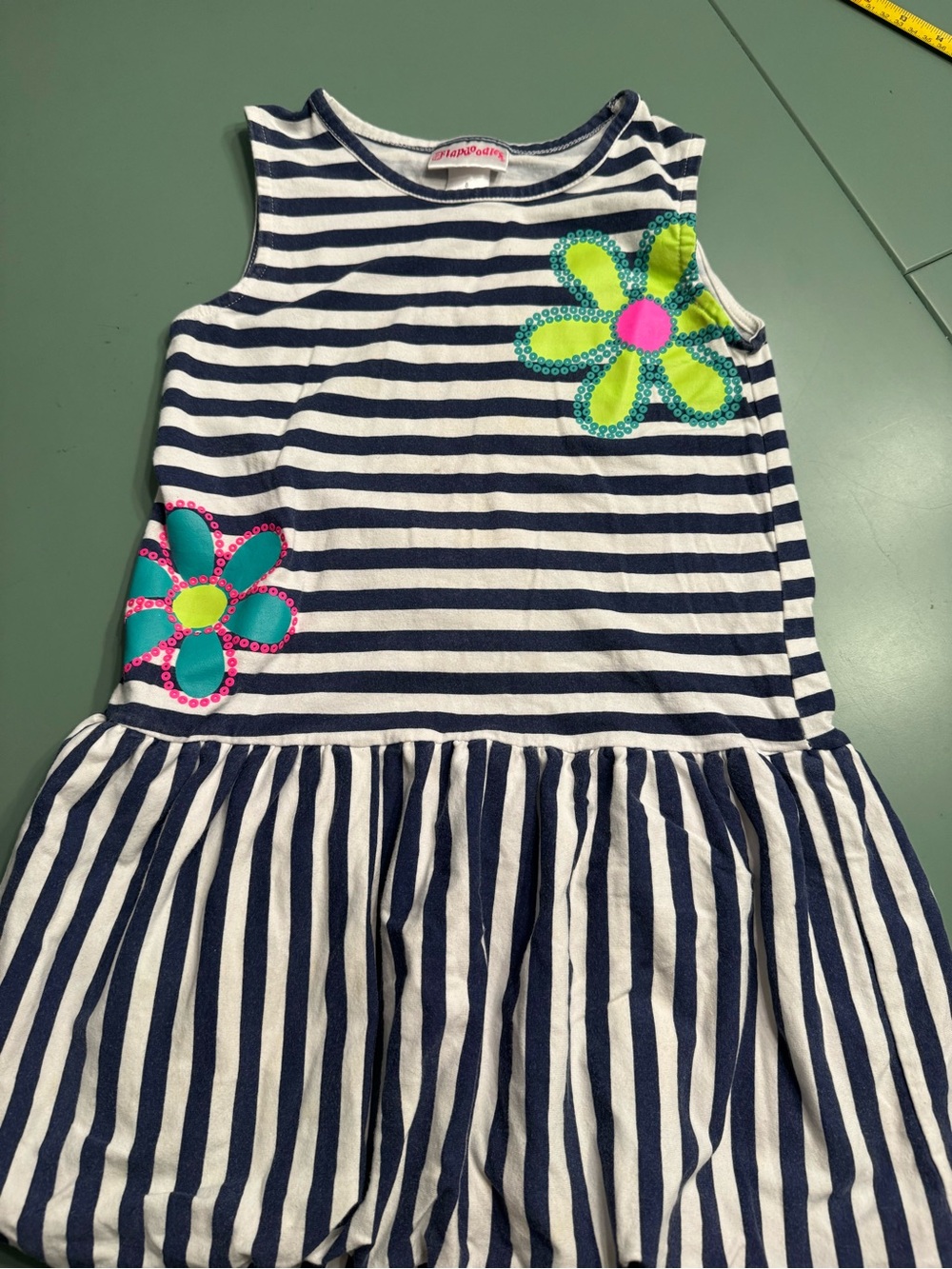 Flapdoodles Navy and White Striped Dress with Bright Flower Appliqués